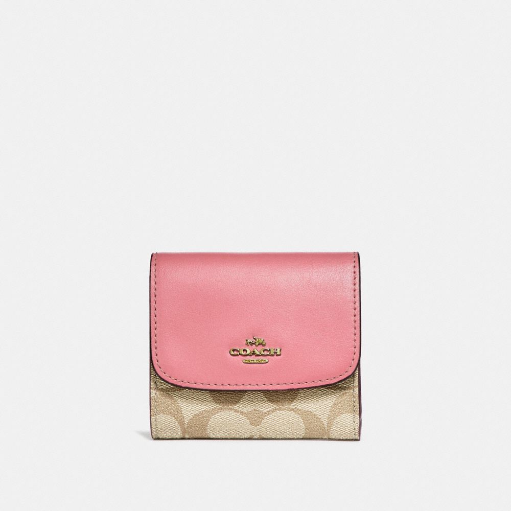 COACH F87589 SMALL WALLET IN SIGNATURE CANVAS LIGHT-KHAKI/VINTAGE-PINK/IMITATION-GOLD