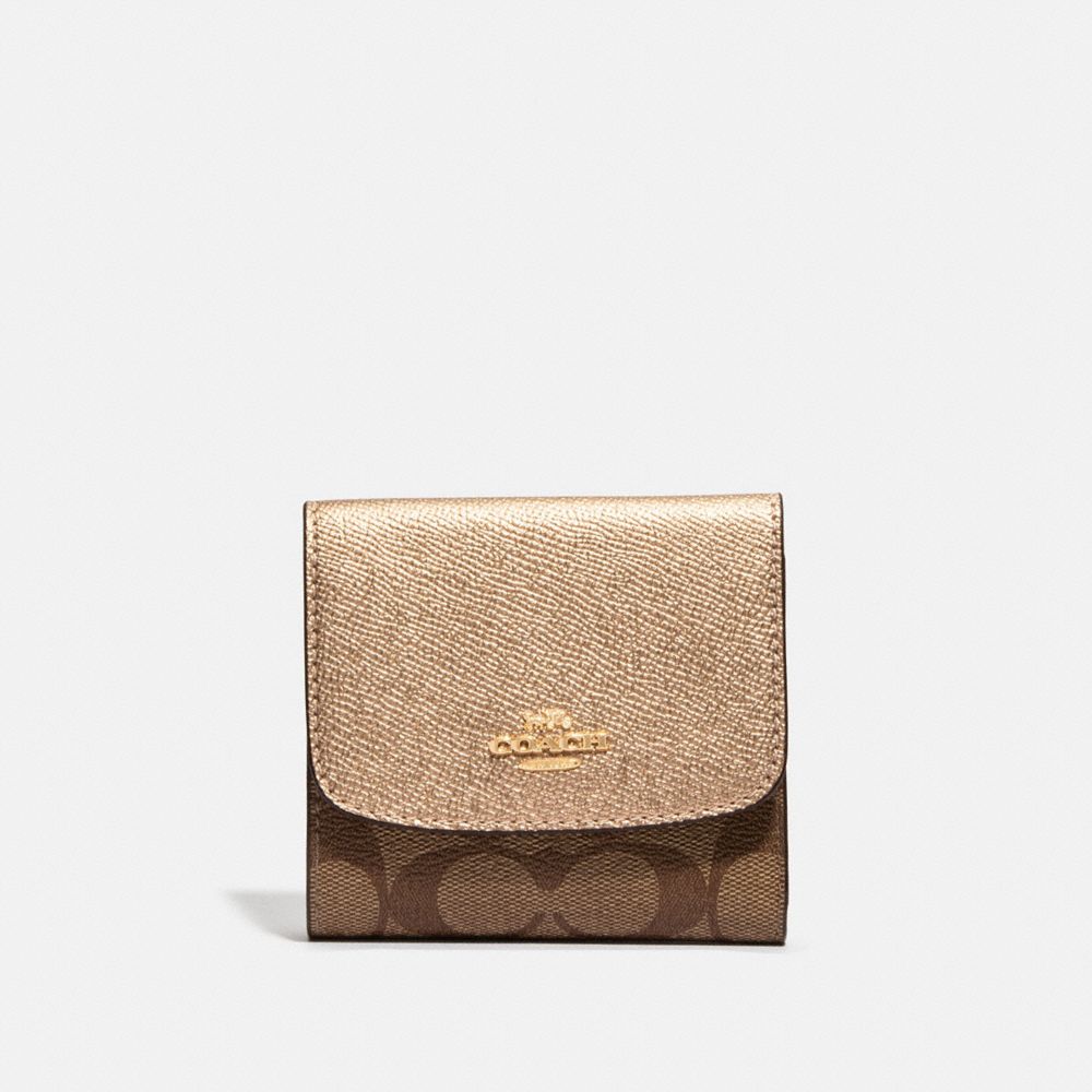 COACH F87589 SMALL WALLET IN SIGNATURE CANVAS KHAKI/ROSE GOLD/LIGHT GOLD