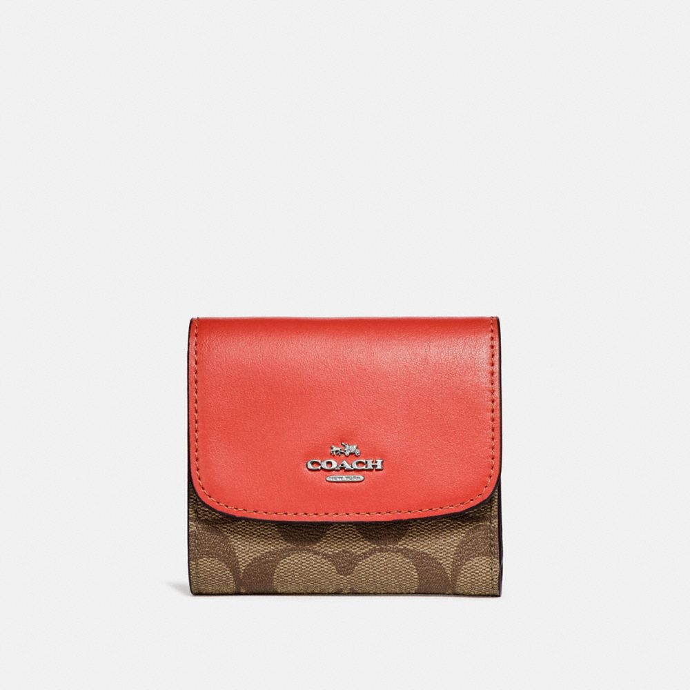 COACH F87589 SMALL WALLET IN SIGNATURE CANVAS KHAKI/ORANGE-RED/SILVER