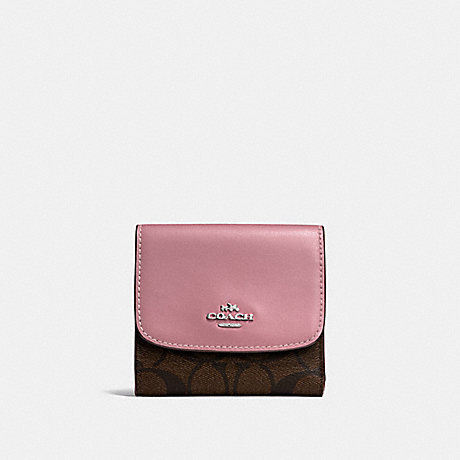 COACH SMALL WALLET IN SIGNATURE CANVAS - BROWN/DUSTY ROSE/SILVER - F87589