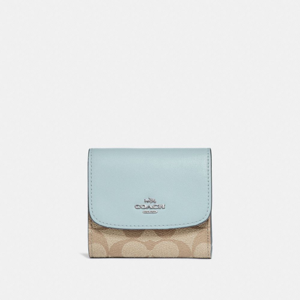 COACH F87589 SMALL WALLET IN SIGNATURE CANVAS LIGHT KHAKI/SEAFOAM/SILVER