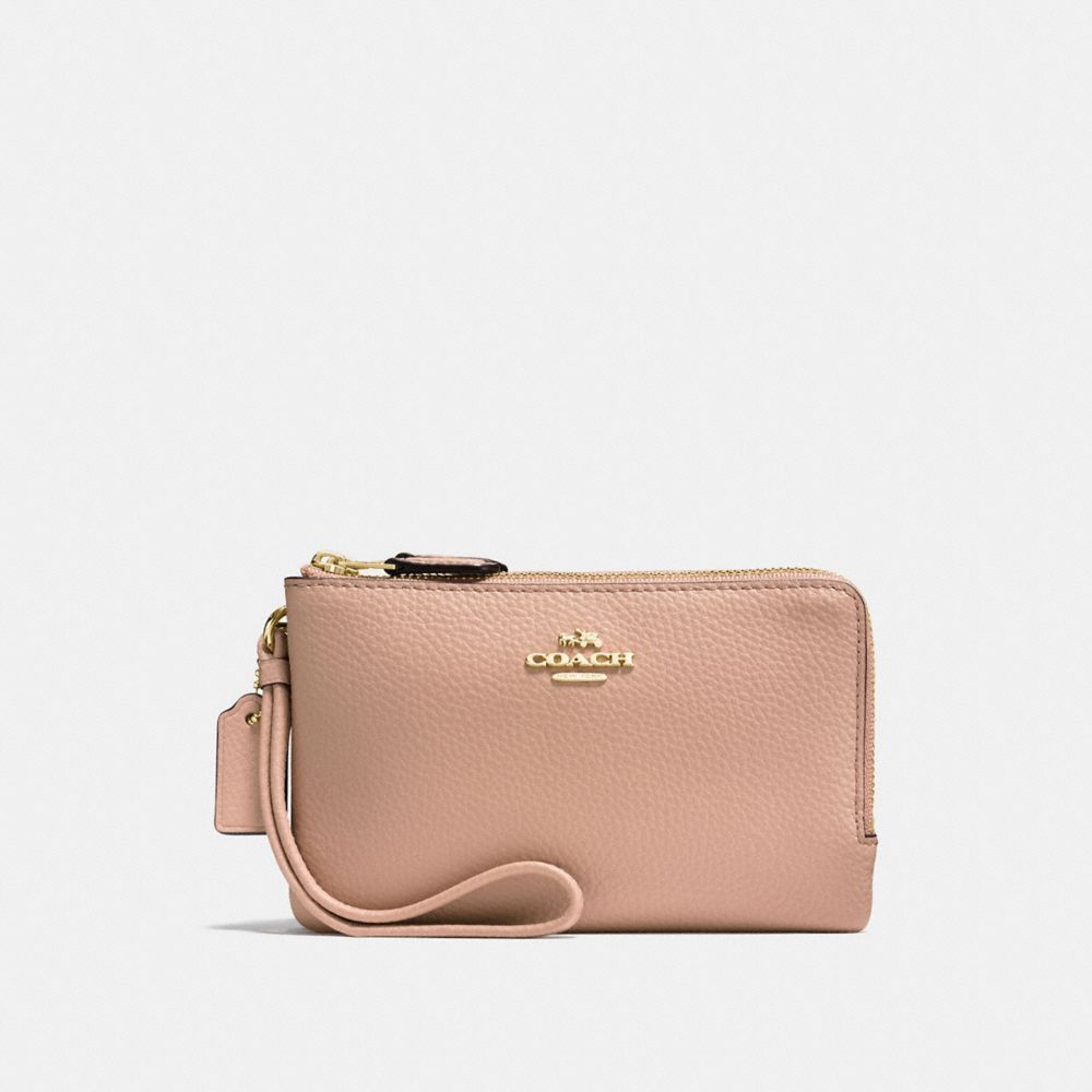 DOUBLE CORNER ZIP WALLET IN POLISHED PEBBLE LEATHER - f87590 - IMITATION GOLD/NUDE PINK