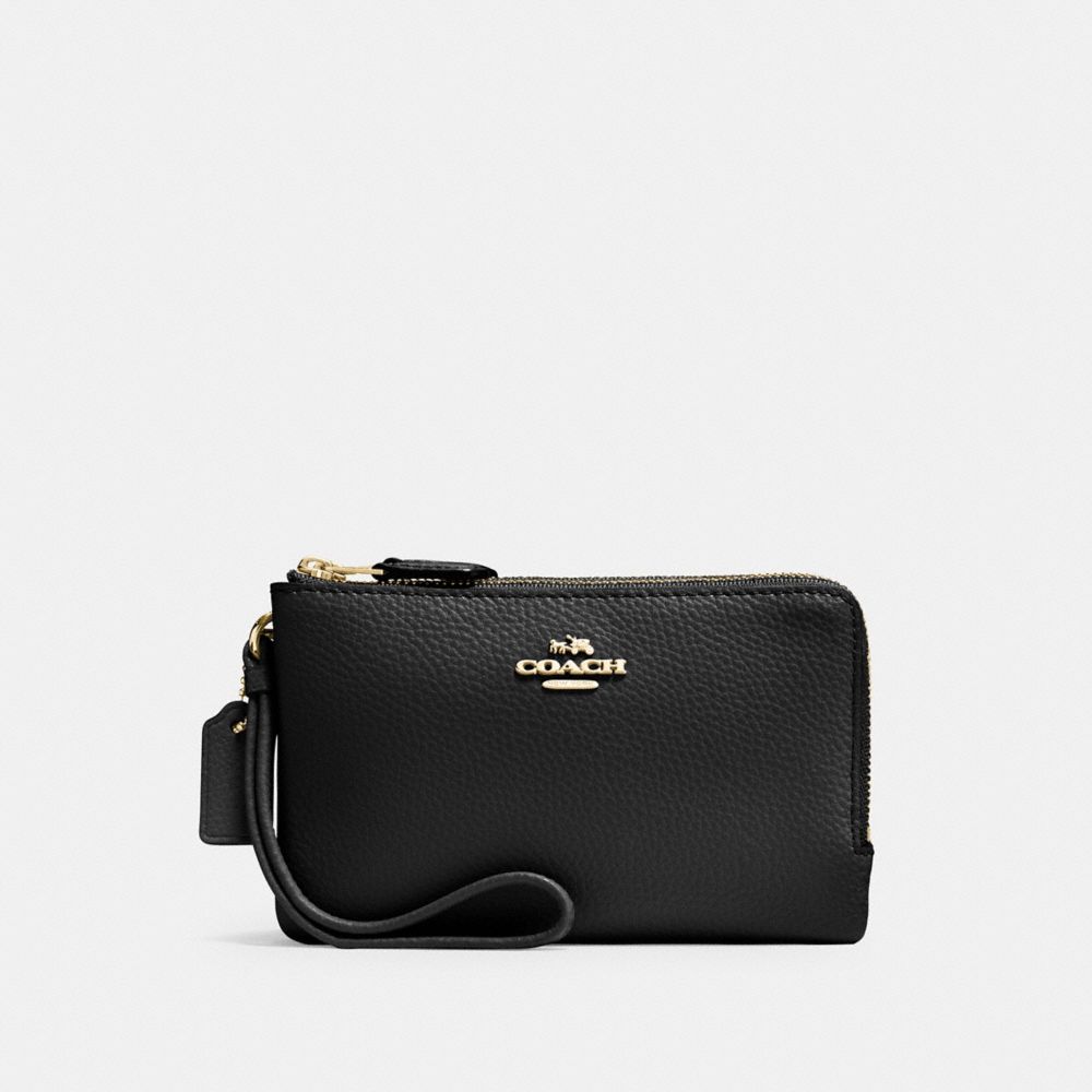 COACH F87590 Double Corner Zip Wallet In Polished Pebble Leather IMITATION GOLD/BLACK