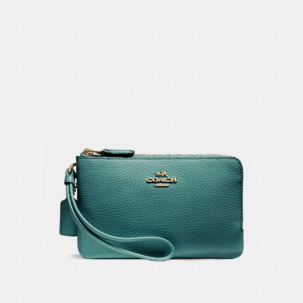 COACH F87590 Double Corner Zip Wallet In Polished Pebble Leather LIGHT GOLD/DARK TEAL