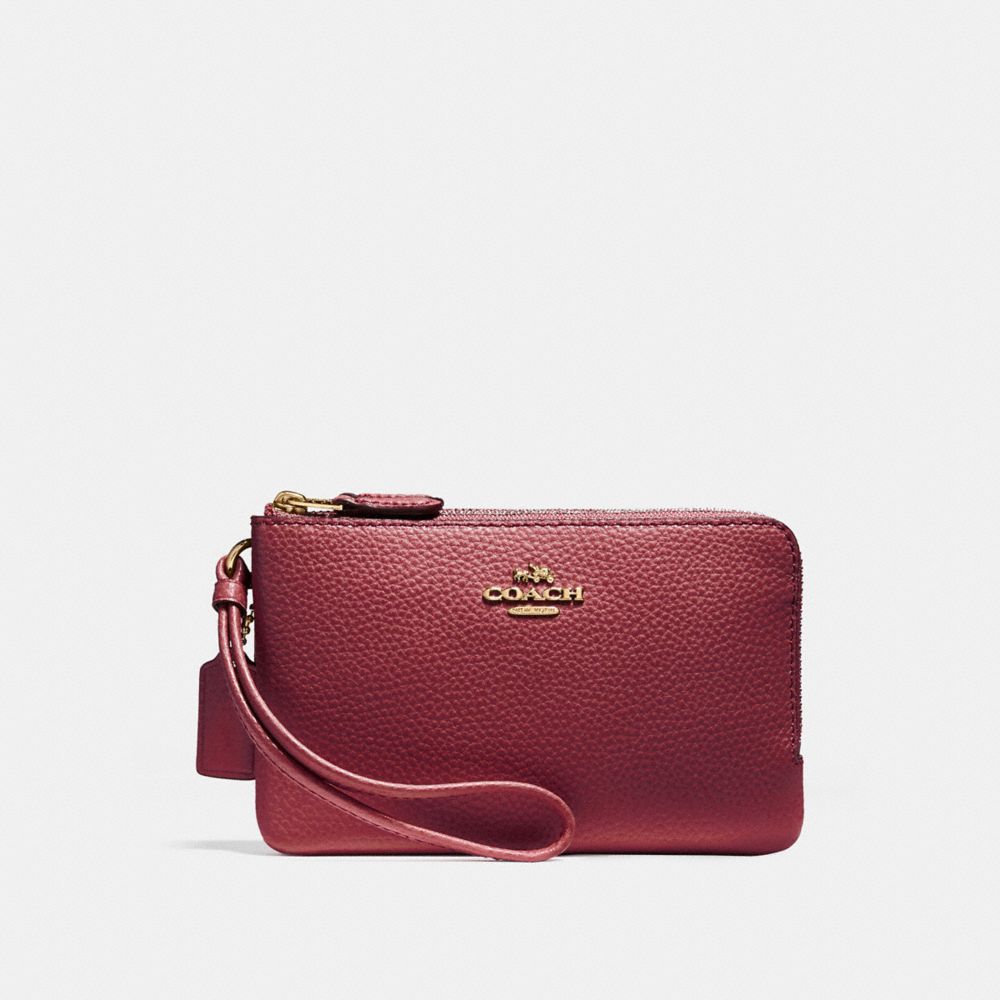 COACH F87590 Double Corner Zip Wallet In Polished Pebble Leather LIGHT GOLD/CRIMSON