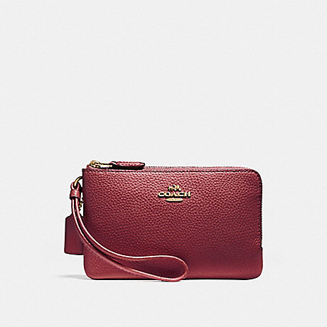 COACH F87590 DOUBLE CORNER ZIP WALLET IN POLISHED PEBBLE LEATHER LIGHT-GOLD/CRIMSON