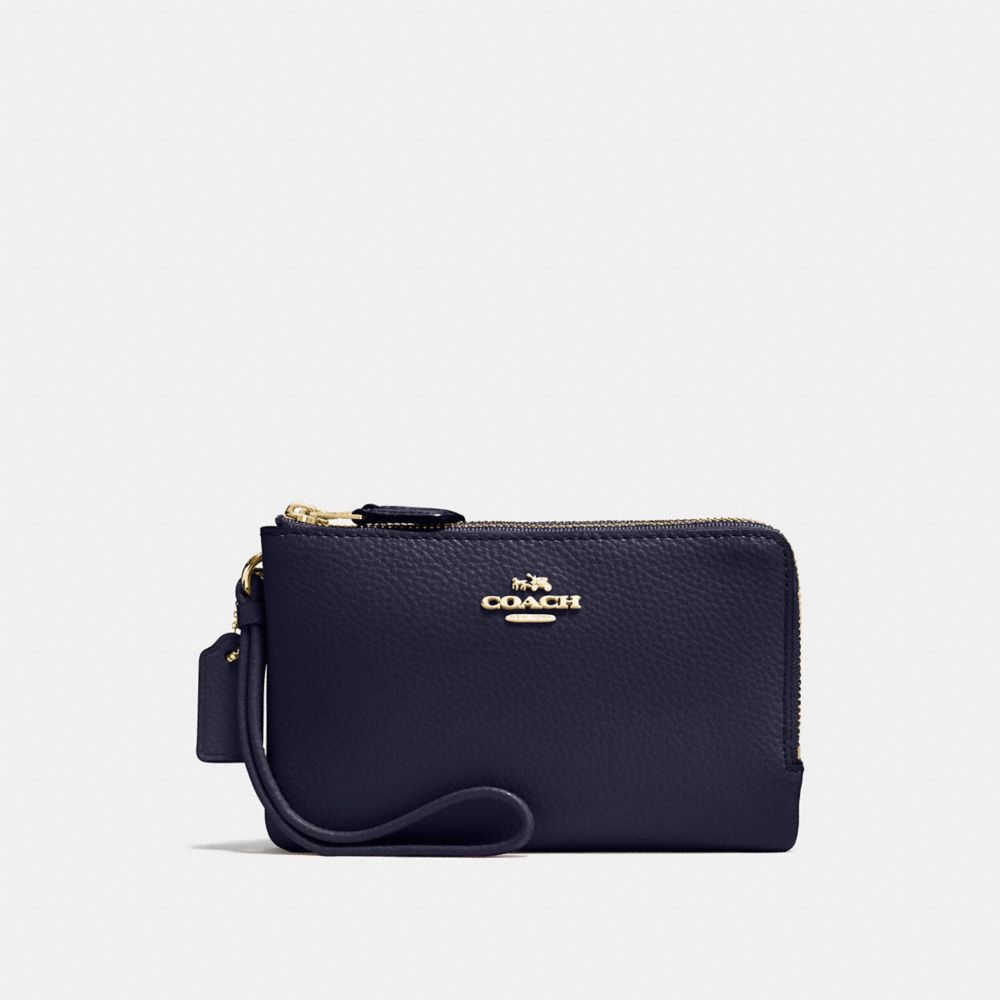 COACH f87590 DOUBLE CORNER ZIP WALLET IN POLISHED PEBBLE LEATHER IMITATION GOLD/MIDNIGHT