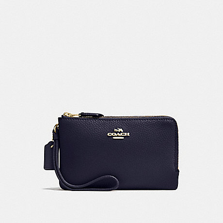 COACH f87590 DOUBLE CORNER ZIP WALLET IN POLISHED PEBBLE LEATHER IMITATION GOLD/MIDNIGHT