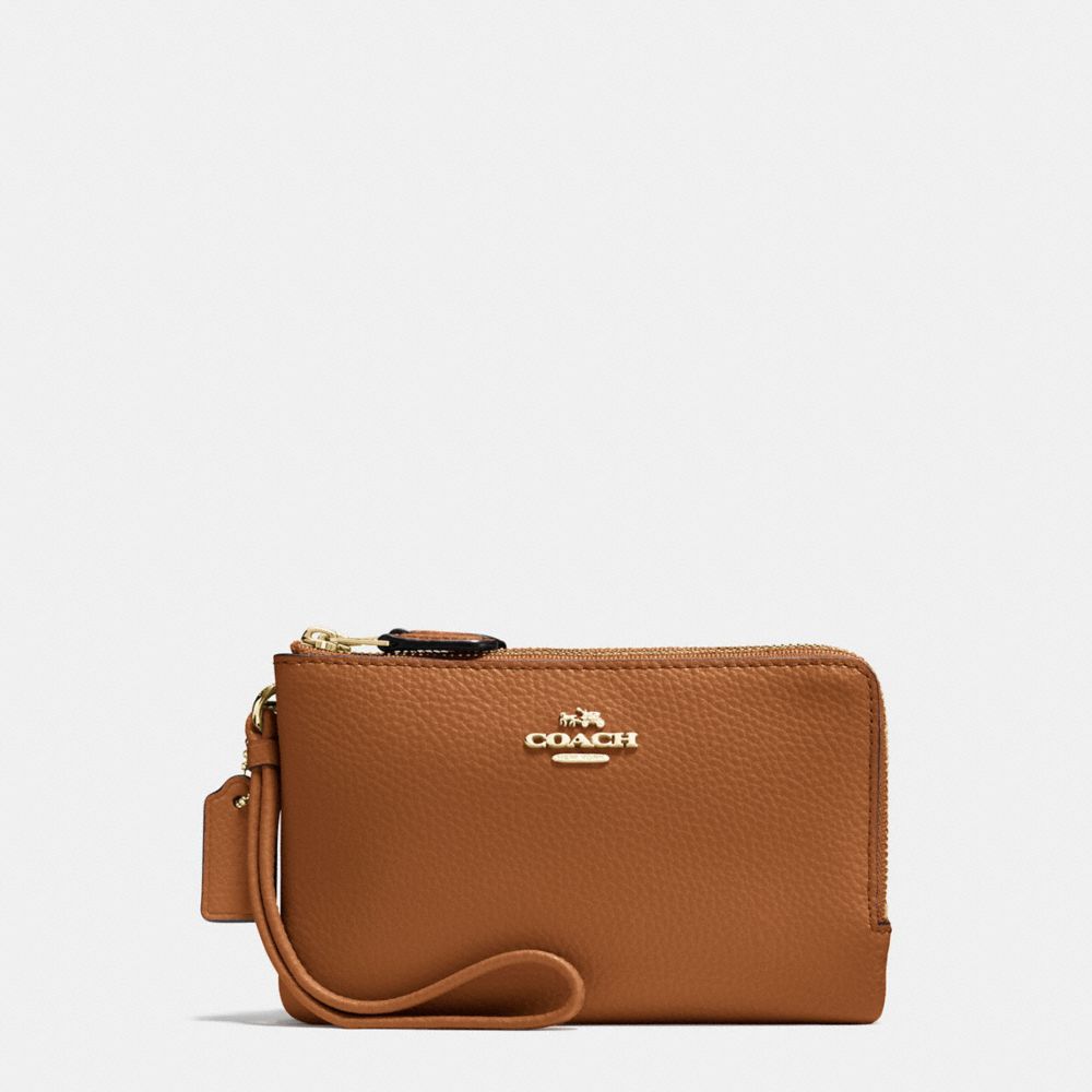 COACH f87590 DOUBLE CORNER ZIP WALLET IN POLISHED PEBBLE LEATHER IMITATION GOLD/SADDLE