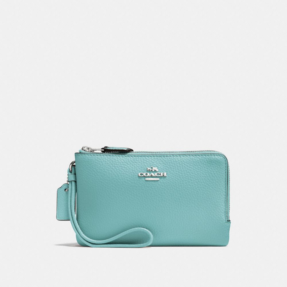 COACH F87590 Double Corner Zip Wristlet SILVER/AQUAMARINE