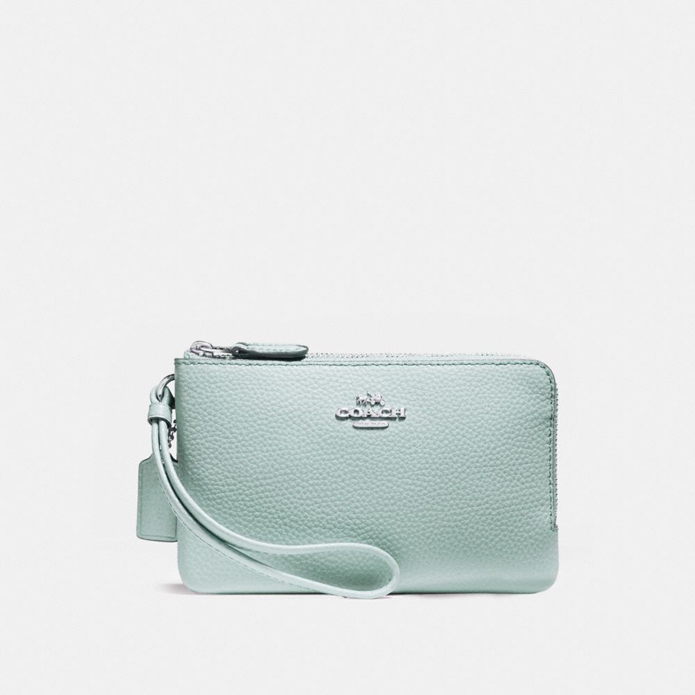 DOUBLE CORNER ZIP WALLET IN POLISHED PEBBLE LEATHER - SILVER/AQUA - COACH F87590