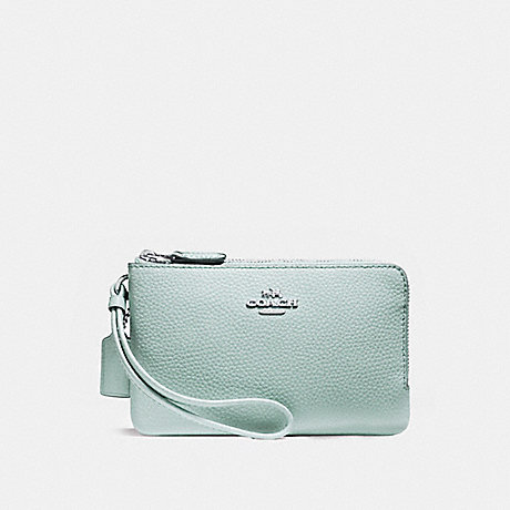 COACH F87590 DOUBLE CORNER ZIP WALLET IN POLISHED PEBBLE LEATHER SILVER/AQUA