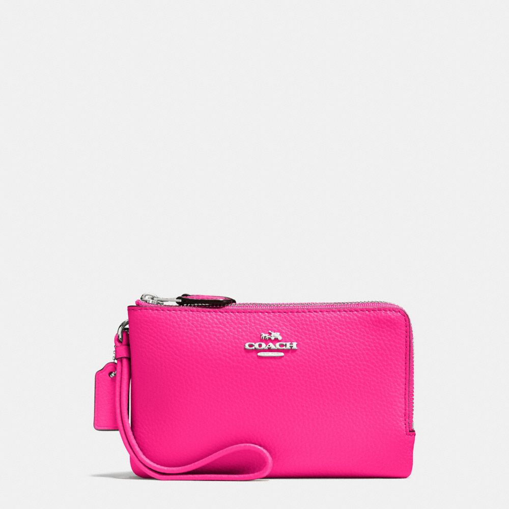 DOUBLE CORNER ZIP WALLET IN POLISHED PEBBLE LEATHER - f87590 - SILVER/BRIGHT FUCHSIA