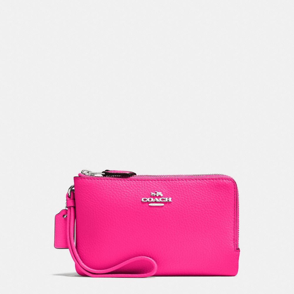 COACH f87590 DOUBLE CORNER ZIP WALLET IN POLISHED PEBBLE LEATHER SILVER/BRIGHT FUCHSIA