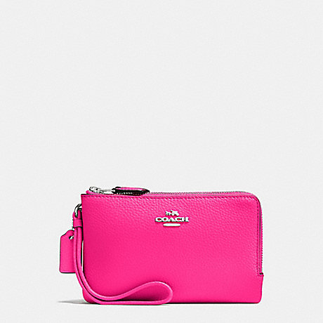 COACH F87590 DOUBLE CORNER ZIP WALLET IN POLISHED PEBBLE LEATHER SILVER/BRIGHT-FUCHSIA
