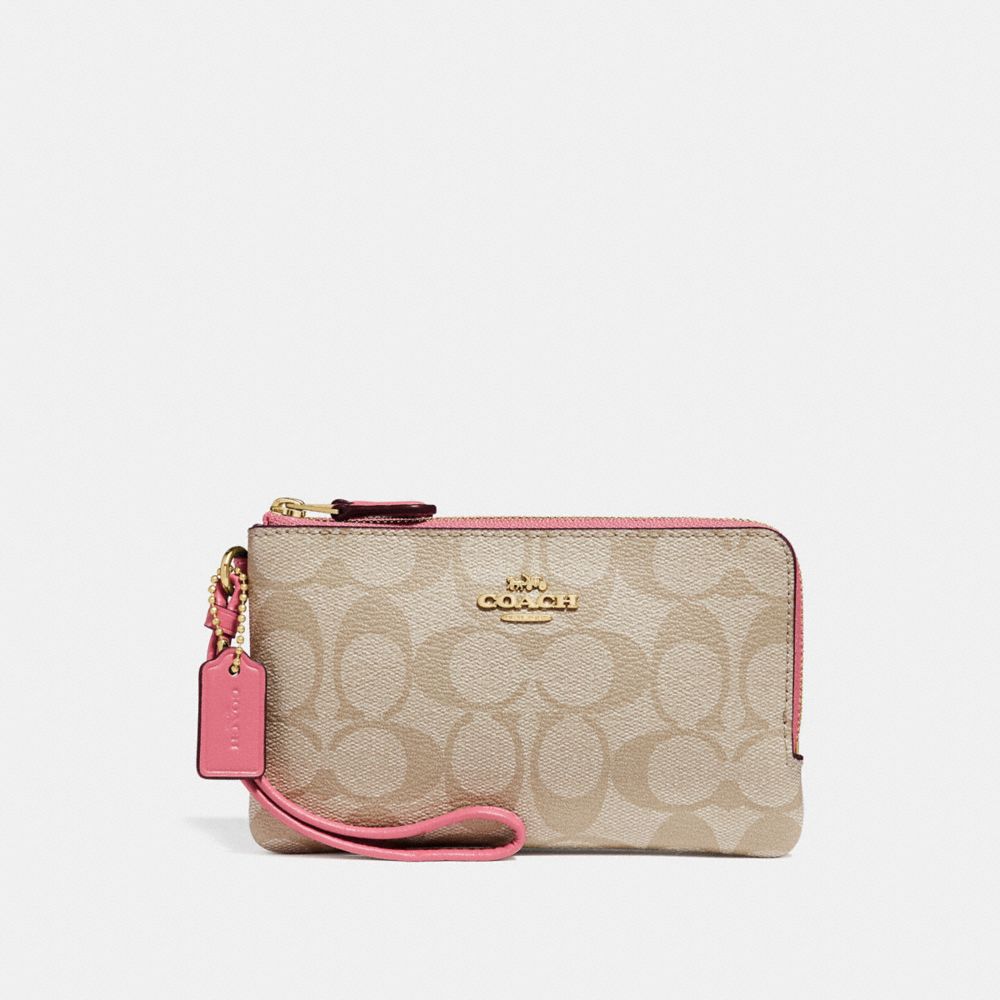 COACH f87591 DOUBLE CORNER ZIP WRISTLET IN SIGNATURE CANVAS light khaki/peony/light gold