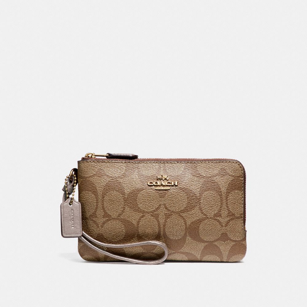 COACH f87591 DOUBLE CORNER ZIP WRISTLET LIGHT GOLD/KHAKI