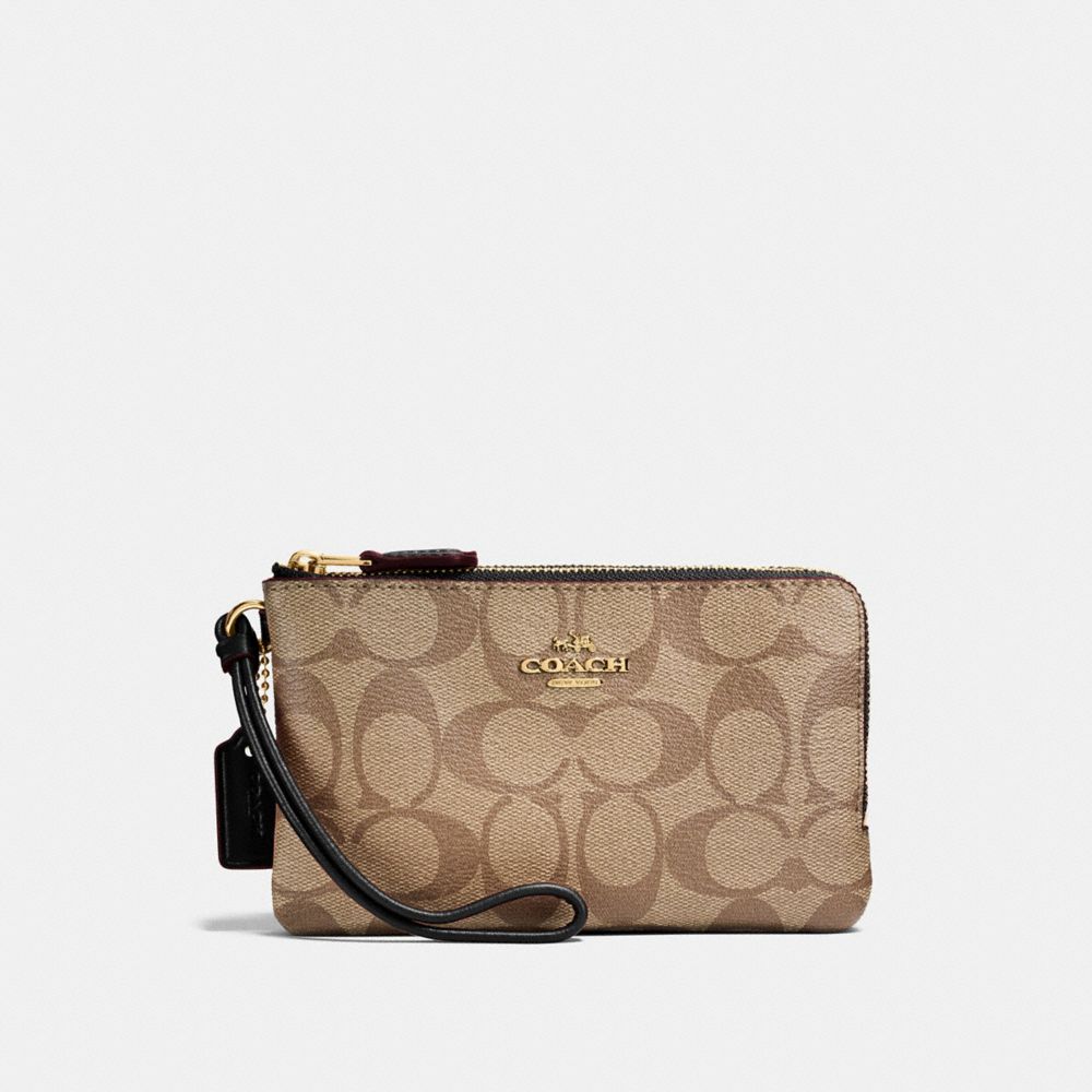 COACH F87591 DOUBLE CORNER ZIP WRISTLET IN SIGNATURE CANVAS KHAKI/BLACK/IMITATION GOLD