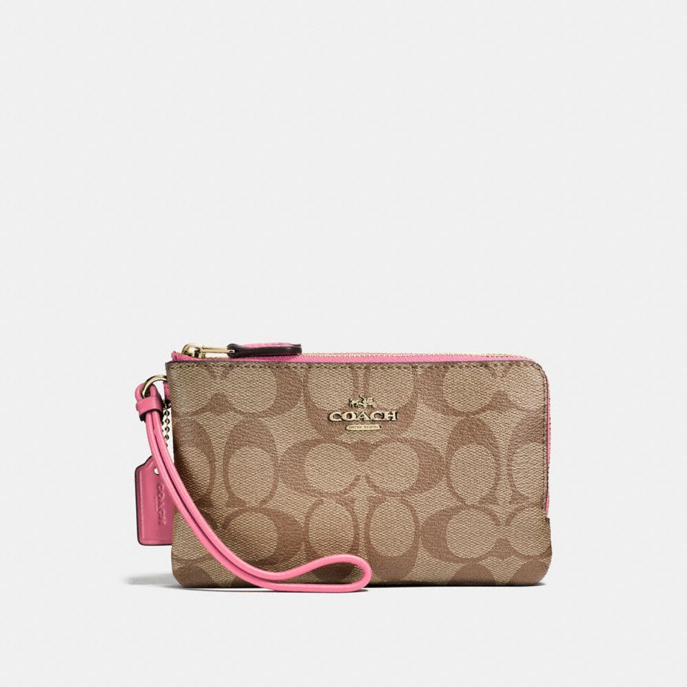 DOUBLE CORNER ZIP WRISTLET IN SIGNATURE CANVAS - KHAKI/PINK RUBY/GOLD - COACH F87591