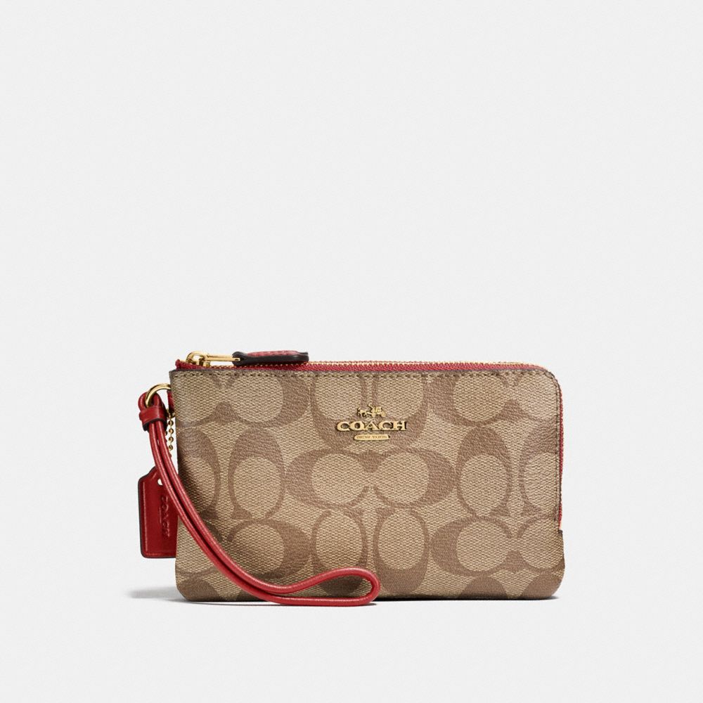 COACH F87591 DOUBLE CORNER ZIP WRISTLET IN SIGNATURE CANVAS KHAKI/CHERRY/LIGHT GOLD