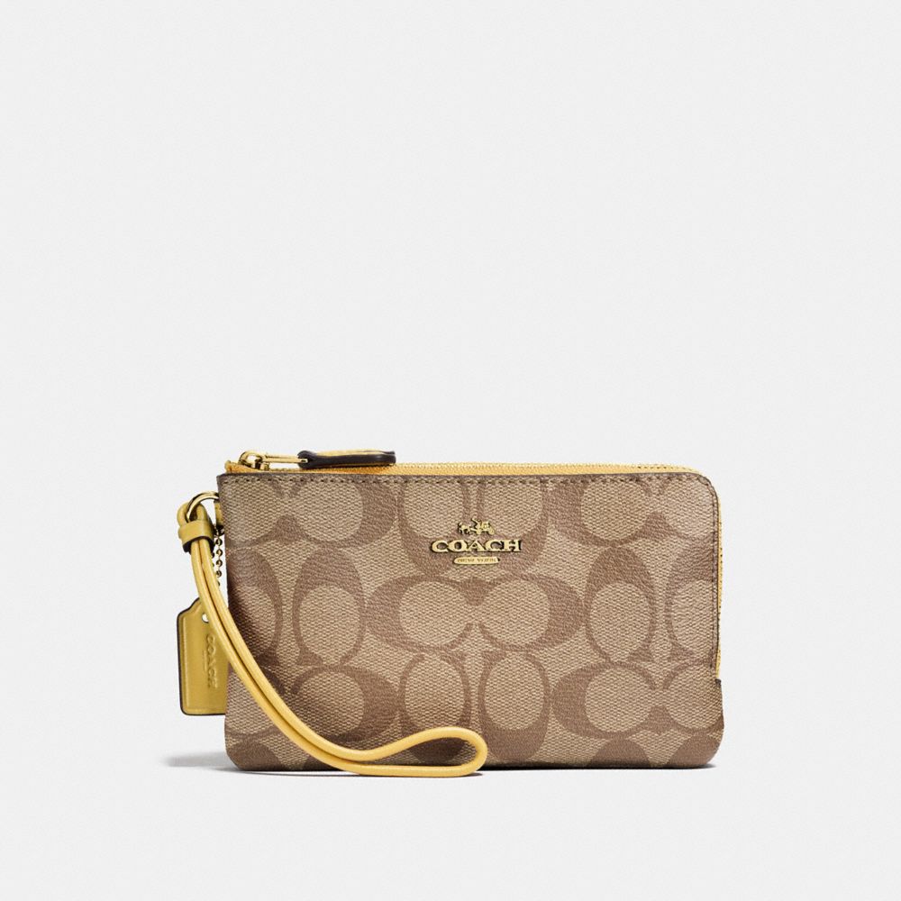 DOUBLE CORNER ZIP WRISTLET IN SIGNATURE CANVAS - KHAKI/SUNFLOWER/GOLD - COACH F87591