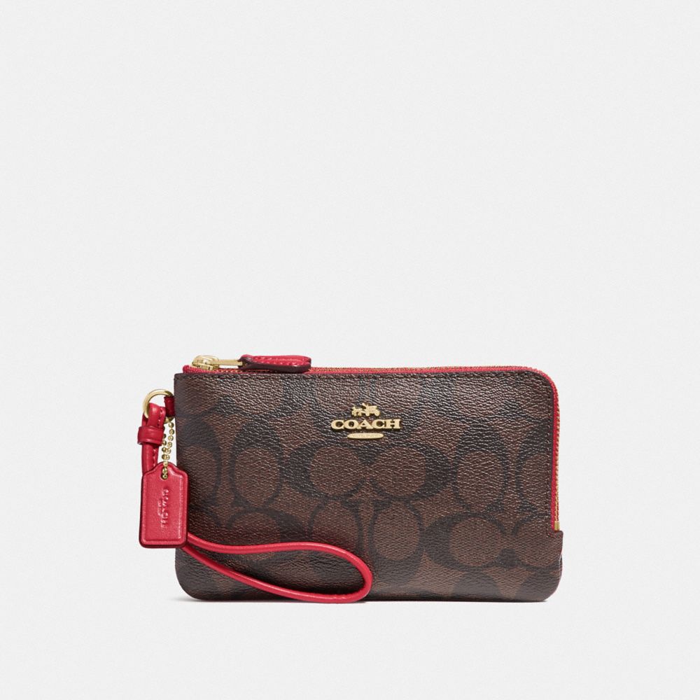 COACH F87591 DOUBLE CORNER ZIP WRISTLET IN SIGNATURE CANVAS BROWN/TRUE-RED/LIGHT-GOLD