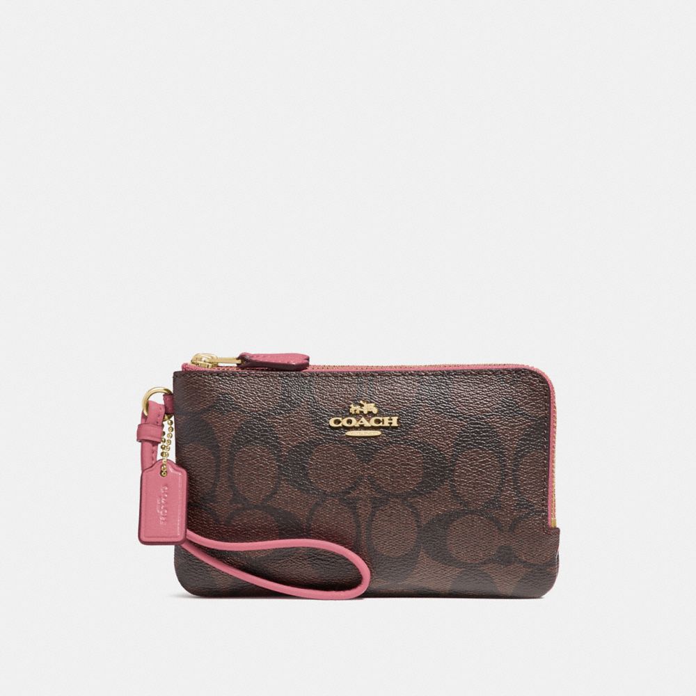 COACH F87591 - DOUBLE CORNER ZIP WRISTLET IN SIGNATURE CANVAS BROWN/STRAWBERRY/IMITATION GOLD