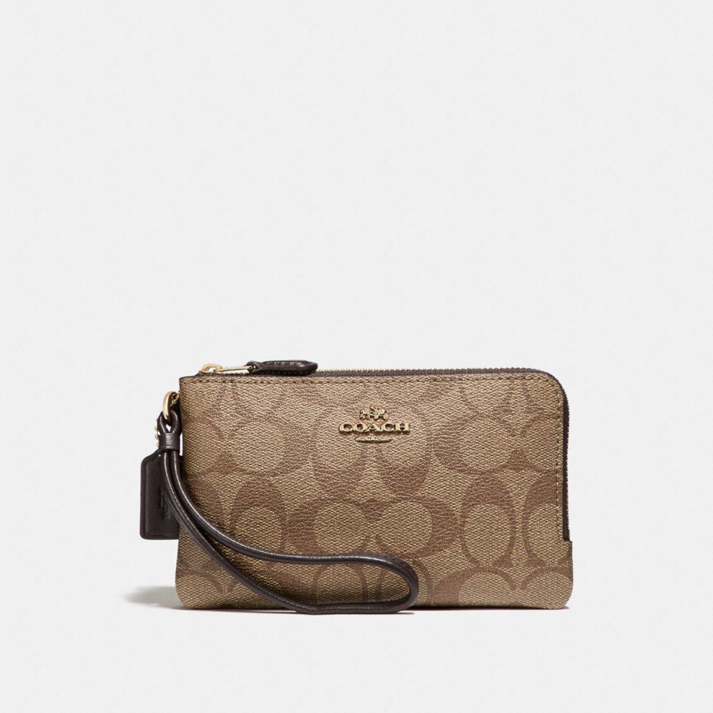 DOUBLE CORNER ZIP WALLET IN SIGNATURE COATED CANVAS - LIGHT GOLD/KHAKI - COACH F87591