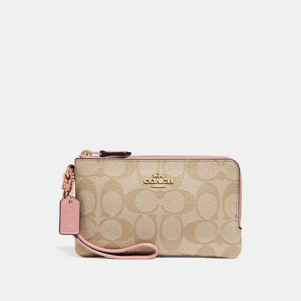 COACH f87591 DOUBLE CORNER ZIP WRISTLET IN SIGNATURE CANVAS light khaki/vintage pink/imitation gold