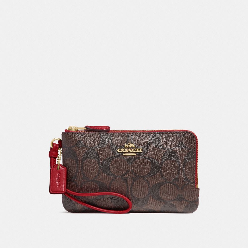 COACH DOUBLE CORNER ZIP WRISTLET IN SIGNATURE CANVAS - BROWN/RUBY/IMITATION GOLD - F87591