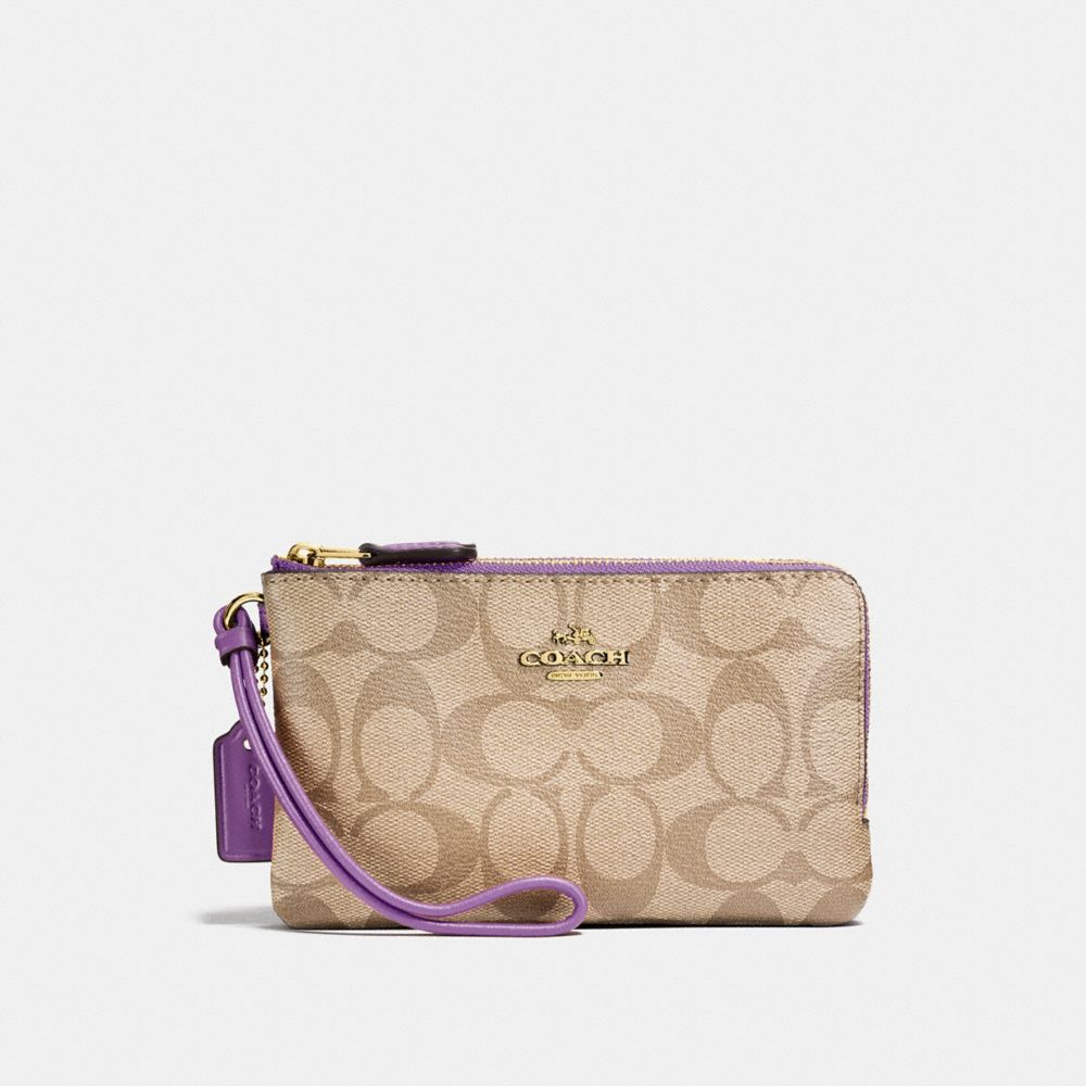 DOUBLE CORNER ZIP WRISTLET IN SIGNATURE CANVAS - F87591 - LIGHT KHAKI/PRIMROSE/IMITATION GOLD