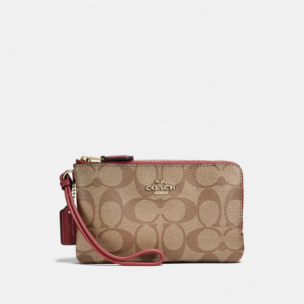 COACH F87591 DOUBLE CORNER ZIP WRISTLET IN SIGNATURE CANVAS LIGHT-KHAKI/ROUGE/GOLD