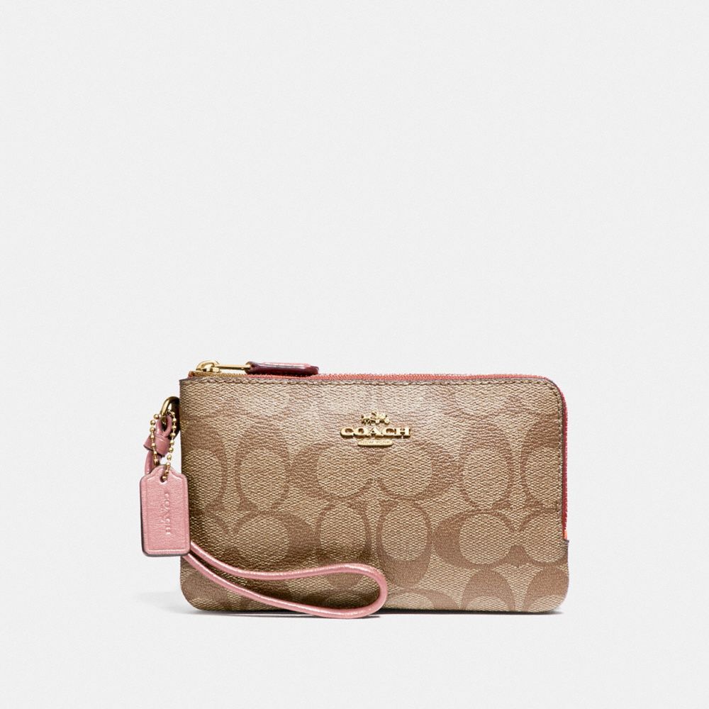 COACH DOUBLE CORNER ZIP WRISTLET IN SIGNATURE CANVAS - IM/KHAKI PINK PETAL - F87591