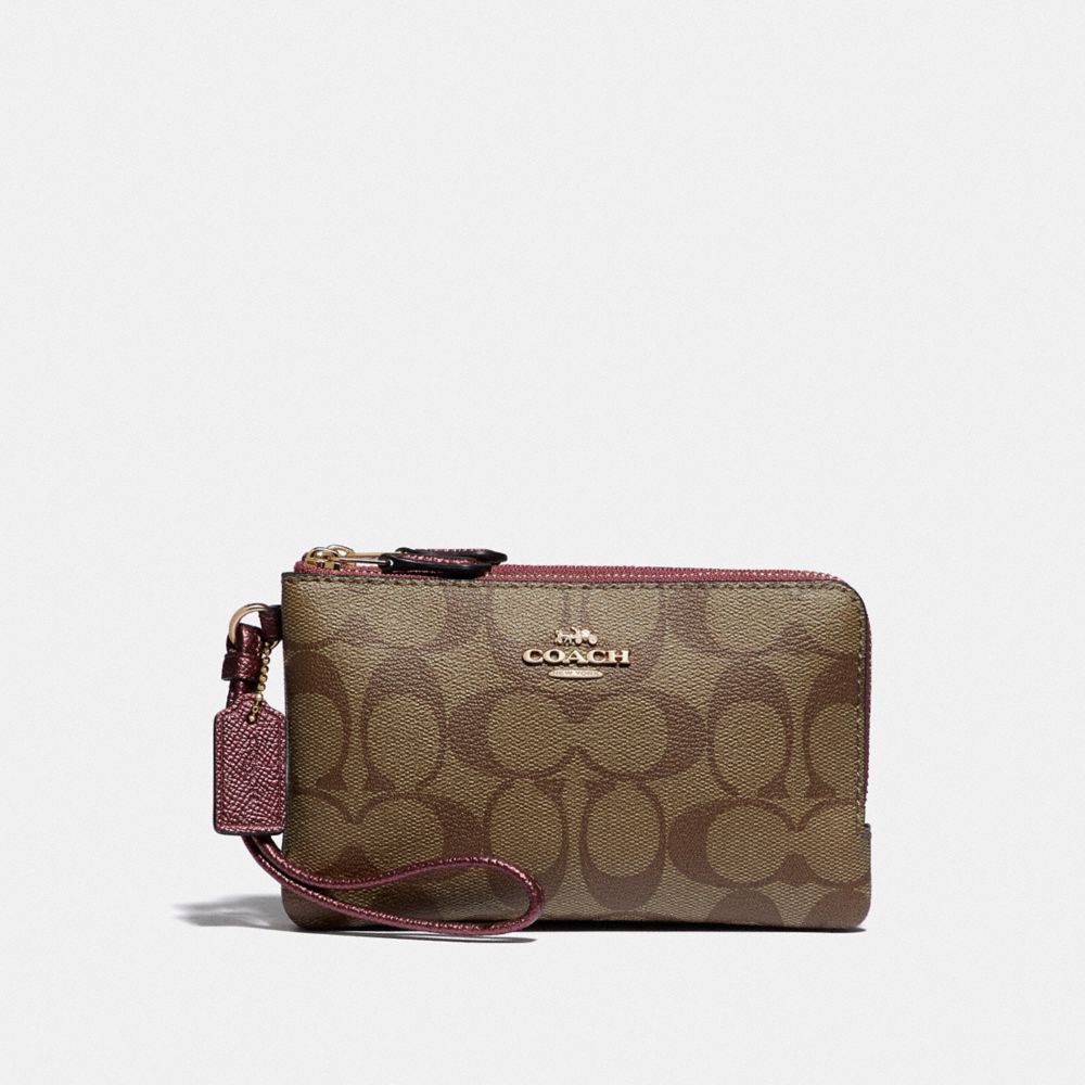 COACH F87591 Double Corner Zip Wristlet In Signature Canvas IM/KHAKI METALLIC WINE