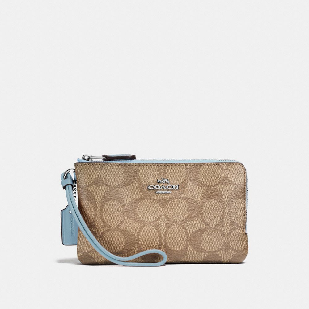 COACH DOUBLE CORNER ZIP WRISTLET IN SIGNATURE CANVAS - LT KHAKI/CORNFLOWER/SILVER - F87591