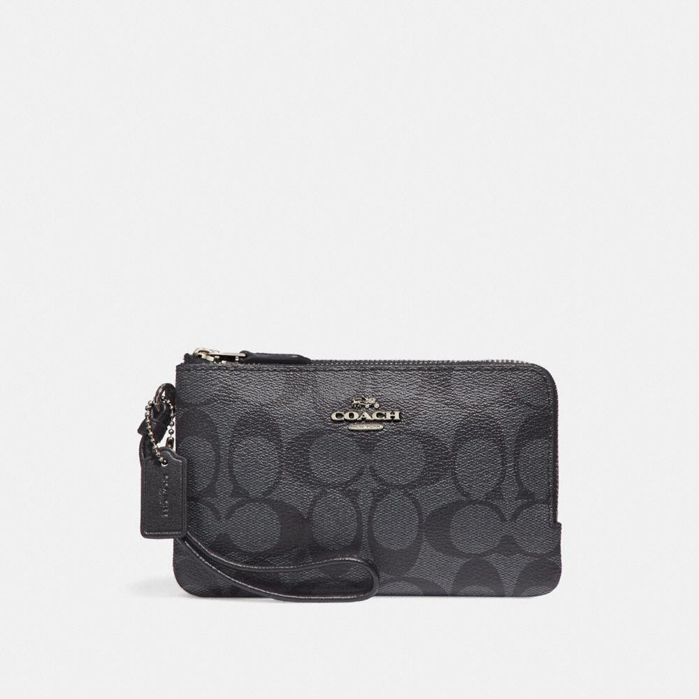 COACH F87591 - DOUBLE CORNER ZIP WRISTLET IN SIGNATURE CANVAS BLACK SMOKE/BLACK/SILVER