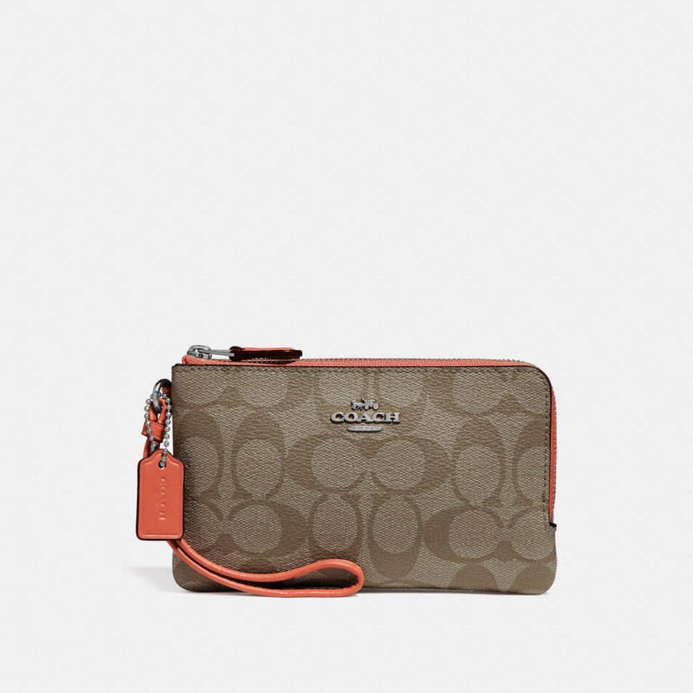 COACH F87591 Double Corner Zip Wristlet In Signature Canvas KHAKI/ORANGE RED/SILVER