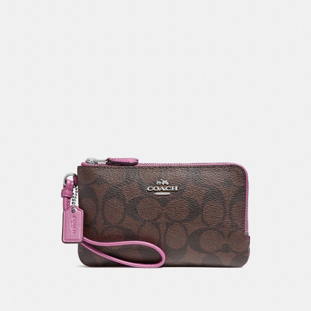 COACH DOUBLE CORNER ZIP WRISTLET IN SIGNATURE CANVAS - brown/Azalea/silver - f87591