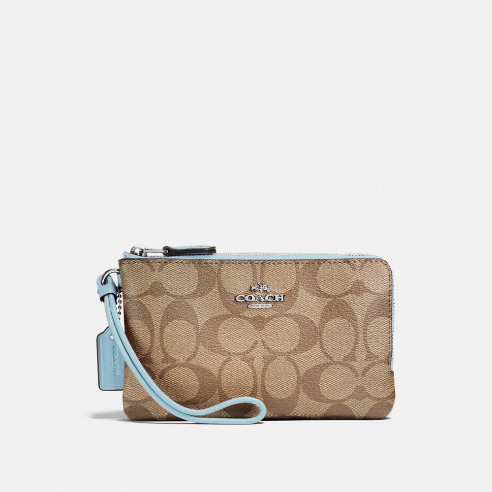 DOUBLE CORNER ZIP WRISTLET IN SIGNATURE CANVAS - f87591 - khaki/pale blue/silver