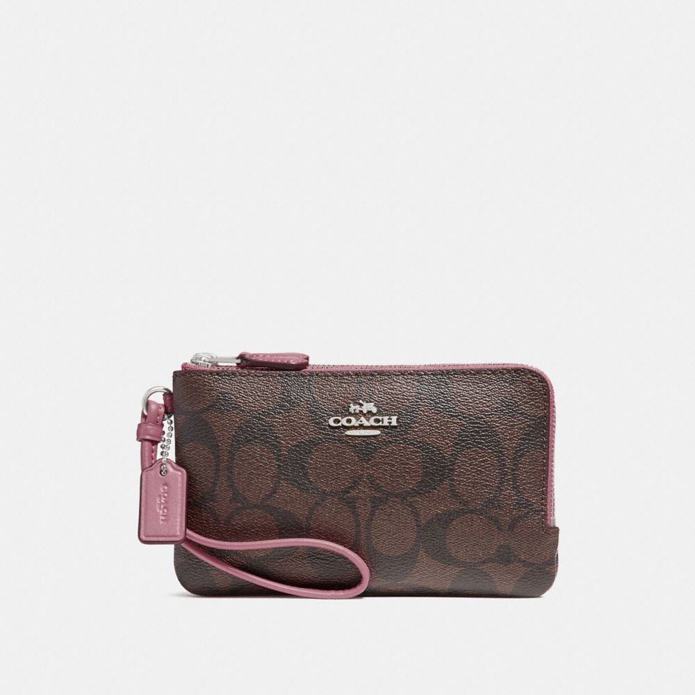 COACH F87591 Double Corner Zip Wristlet In Signature Canvas BROWN/DUSTY ROSE/SILVER