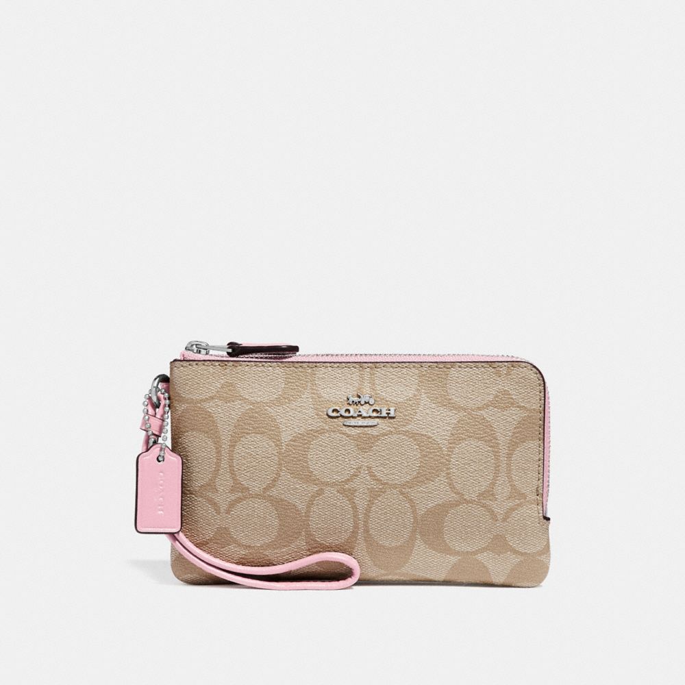 DOUBLE CORNER ZIP WRISTLET IN SIGNATURE CANVAS - F87591 - LIGHT KHAKI/CARNATION/SILVER