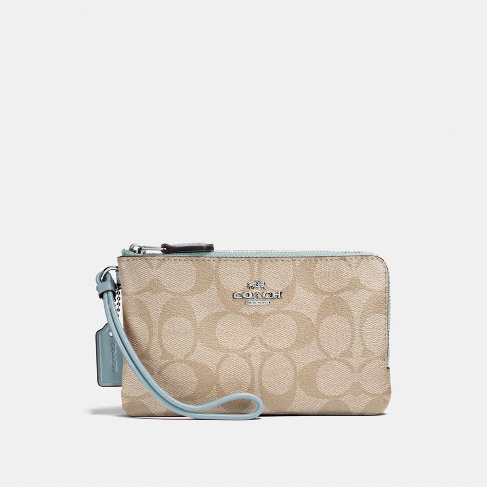 COACH F87591 - DOUBLE CORNER ZIP WRISTLET IN SIGNATURE CANVAS LIGHT KHAKI/SEAFOAM/SILVER