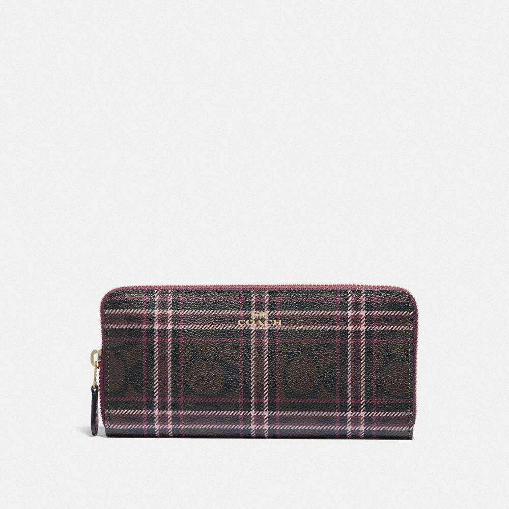 COACH F87718 SLIM ACCORDION ZIP WALLET IN SIGNATURE CANVAS WITH SHIRTING PLAID PRINT IM/BROWN FUCHSIA MULTI