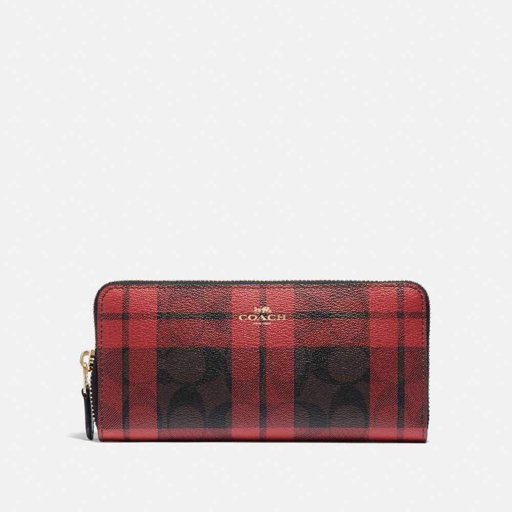 COACH F87719 Slim Accordion Zip Wallet In Signature Canvas With Field Plaid Print IM/BROWN TRUE RED MULTI