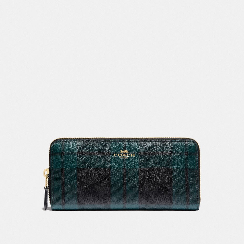 COACH F87719 SLIM ACCORDION ZIP WALLET IN SIGNATURE CANVAS WITH FIELD PLAID PRINT IM/BLACK/DEEP OCEAN MULTI