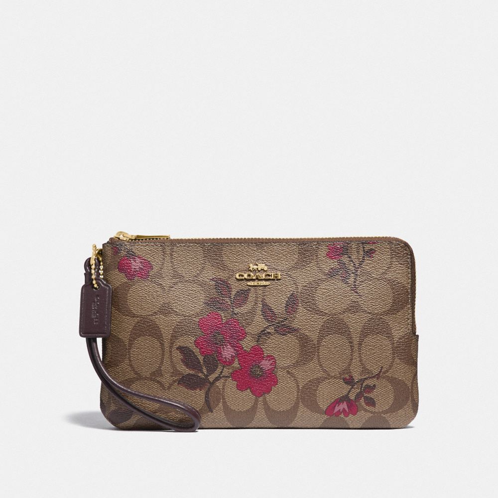 DOUBLE ZIP WALLET IN SIGNATURE CANVAS WITH VICTORIAN FLORAL PRINT - F87729 - IM/KHAKI BERRY MULTI