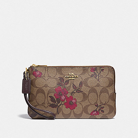 COACH DOUBLE ZIP WALLET IN SIGNATURE CANVAS WITH VICTORIAN FLORAL PRINT - IM/KHAKI BERRY MULTI - F87729