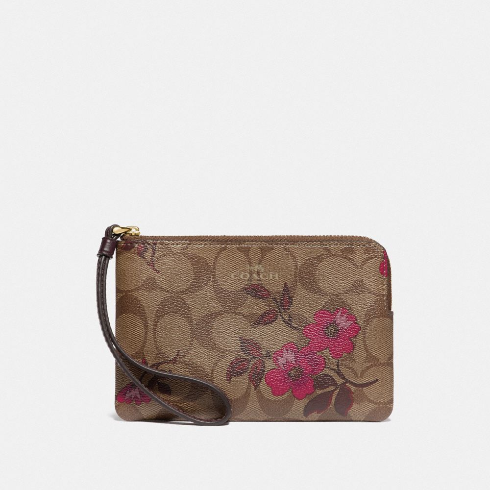 CORNER ZIP WRISTLET IN SIGNATURE CANVAS WITH VICTORIAN FLORAL PRINT - F87780 - IM/KHAKI BERRY MULTI