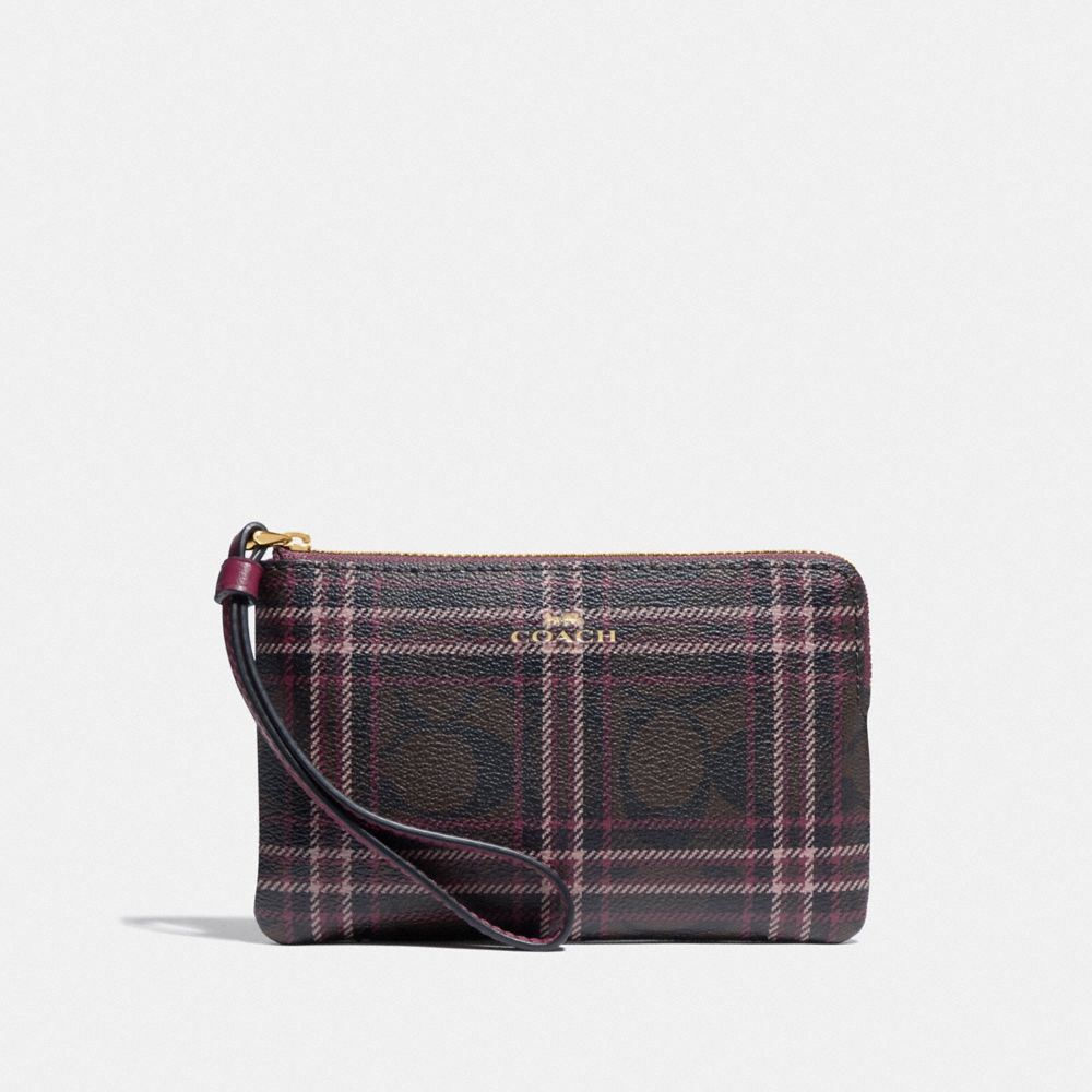 COACH F87782 Corner Zip Wristlet In Signature Canvas With Shirting Plaid Print IM/BROWN FUCHSIA MULTI