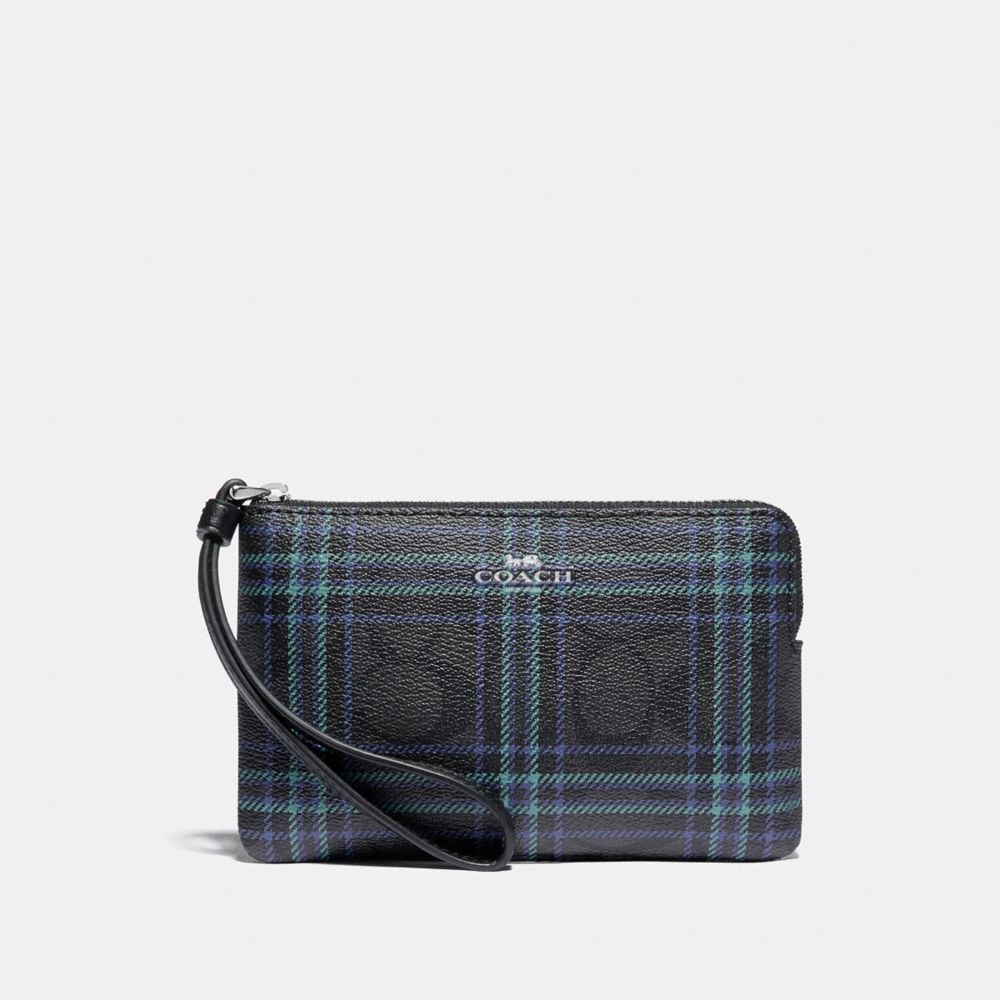 COACH F87782 CORNER ZIP WRISTLET IN SIGNATURE CANVAS WITH SHIRTING PLAID PRINT SV/BLACK NAVY MUTLI